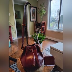 Cartier Burgundy Drawstring Bucket Bag With Matching Wallet